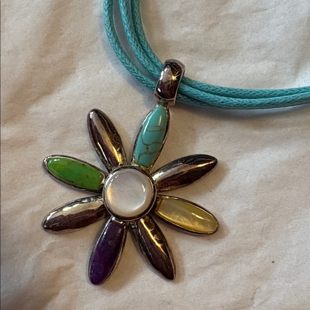 Multi-Color Flower Pendant Necklace - Turquoise Cord - Picture 2 of 3